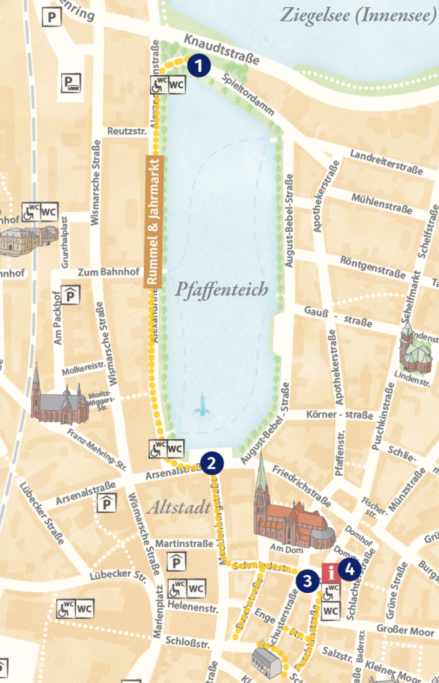 Karte der illuminierten Straßen, Plätze und Gebäude zur Altstadtfete 2026 in Schwerin