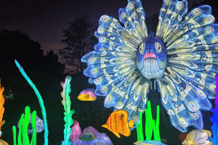Vom 9. Oktober bis zum 29. November verwandeln kunstvolle, teils riesige Lichtfiguren den Zoo Schwerin in eine leuchtende Landschaft. &copy; Zoo Schwerin
